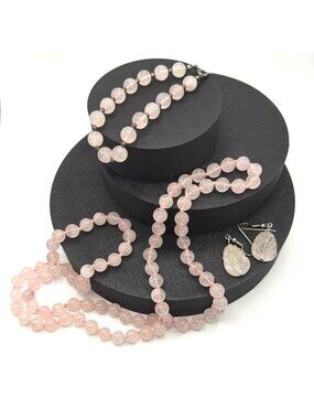 Rose Quartz Jewelry Set Hand Knotted 30" Necklace Bracelet Leaf Earrings 70s VTG
